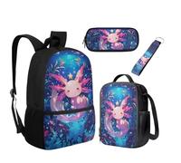 UOIMAG Juego de 4 mochilas escolares y lonchera para niños con estuche para lápices, llavero, 4 unidades, Axolotl bajo el agua, Talla única, Juego de mochila escolar