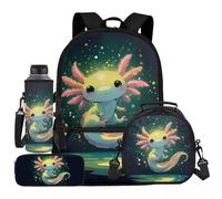 UOIMAG Juego de 4 mochilas escolares y lonchera para niños con soporte para botella de agua, estuche para lápices, 4 unidades, Luces verdes Axolotl, Talla única, Juego de mochila escolar