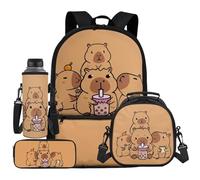 UOIMAG Juego de 4 mochilas escolares y lonchera para niños con soporte para botella de agua, estuche para lápices, 4 unidades, Capybara Bubble Tea, Talla única, Juego de mochila escolar
