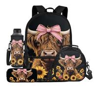 UOIMAG Juego de 4 mochilas escolares y lonchera para niños con soporte para botella de agua, estuche para lápices, 4 unidades, Highland Cow Bowknot Girasol, Talla única, Juego de mochila escolar
