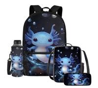 UOIMAG Juego de 4 mochilas escolares y lonchera para niños, con soporte para botella de agua y estuche para lápices, Axolotl Bubble, Talla única, Juego de mochila escolar