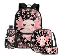 UOIMAG Juego de 4 mochilas escolares y lonchera para niños, con soporte para botella de agua y estuche para lápices, Flor de cerezo Axolotl, Talla única, Juego de mochila escolar