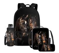 UOIMAG Juego de 4 mochilas escolares y lonchera para niños, con soporte para botella de agua y estuche para lápices, caballo, Talla única, Juego de mochila escolar
