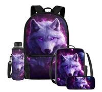 UOIMAG Juego de 4 mochilas escolares y lonchera para niños, con soporte para botella de agua y estuche para lápices, Galaxy Wolf, Talla única, Juego de mochila escolar