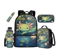 UOIMAG Juego de 5 bolsas escolares y lonchera para niños, mochila y soporte para botellas de agua con estuche para lápices, Axolotl Lotus, Talla única, Juego de mochila escolar