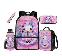 UOIMAG Juego de 5 bolsas escolares y lonchera para niños, mochila y soporte para botellas de agua con estuche para lápices, Té de burbujas Axolotl, Talla única, Juego de mochila escolar