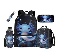 UOIMAG Juego de 5 mochilas escolares y lonchera para niños con soporte para botellas de agua, Axolotl Bubble, Talla única, Juego de mochila escolar