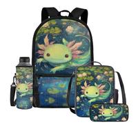 UOIMAG Juego de lonchera con soporte para botella de agua, bonito estuche para lápices, 4 bolsas escolares, Axolotl Lotus, Talla única, Juego de mochila escolar
