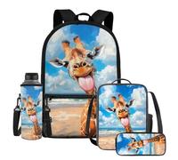 UOIMAG Juego de lonchera con soporte para botella de agua, bonito estuche para lápices, 4 bolsas escolares, jirafa, Talla única, Juego de mochila escolar