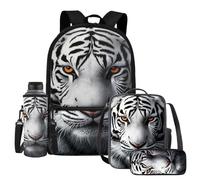 UOIMAG Juego de lonchera con soporte para botella de agua, bonito estuche para lápices, 4 bolsas escolares, tigre, Talla única, Juego de mochila escolar