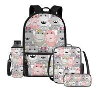 UOIMAG Juego de lonchera con soporte para botella de agua, bonito estuche para lápices, 4 bolsas escolares, Hipopótamo, Talla única, Juego de mochila escolar