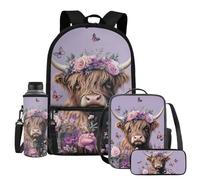 UOIMAG Juego de lonchera con soporte para botella de agua, bonito estuche para lápices, 4 bolsas escolares, Mariposa de vaca Highland, Talla única, Juego de mochila escolar