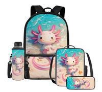 UOIMAG Juego de lonchera con soporte para botella de agua, bonito estuche para lápices, 4 bolsas escolares, Axolotl Beach, Talla única, Juego de mochila escolar