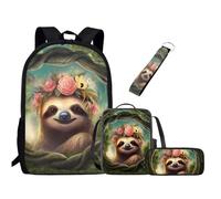UOIMAG Juego de mochila escolar para niños y niñas, con bolsa de almuerzo, estuche para lápices, llavero, bonitas bolsas de libros, Perezoso con flores, Talla única, Juego de mochila escolar