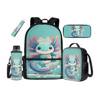 UOIMAG Juego de mochila escolar y bolsa de almuerzo con soporte para botella de agua, 5 unidades, Axolotl, Talla única, Juego de mochila escolar