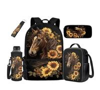 UOIMAG Juego de mochila escolar y bolsa de almuerzo con soporte para botella de agua, 5 unidades, Girasol de caballo, Talla única, Juego de mochila escolar