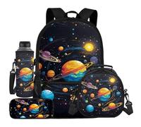 UOIMAG Juego de mochila escolar y bolsa de almuerzo para niños con soporte para botella de agua, estuche para lápices, 4 piezas, Sistema solar, Talla única, Juego de mochila escolar