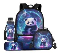 UOIMAG Juego de mochila escolar y bolsa de almuerzo para niños con soporte para botella de agua, estuche para lápices, 4 piezas, Panda Galaxy, Talla única, Juego de mochila escolar