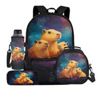 UOIMAG Juego de mochila escolar y fiambrera, soporte para botella de agua con correa y estuche para lápices, 4 piezas, Capybara Galaxy, Talla única, Juego de mochila escolar