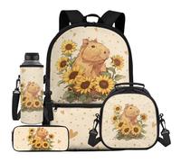 UOIMAG Juego de mochila escolar y fiambrera, soporte para botella de agua con correa y estuche para lápices, 4 piezas, Capybara Girasol, Talla única, Juego de mochila escolar