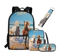 UOIMAG Juego de mochila escolar y lonchera para niños con estuche para lápices, llavero, mochila escolar, juego de 4 piezas, Playa de caballos, Talla única, Juego de mochila escolar