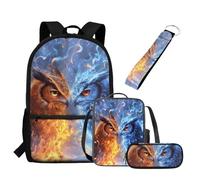 UOIMAG Juego de mochila escolar y lonchera para niños con estuche para lápices, llavero, mochila escolar, juego de 4 piezas, Owl Fire, Talla única, Juego de mochila escolar