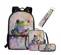 UOIMAG Juego de mochila escolar y lonchera para niños con estuche para lápices, llavero, mochila escolar, juego de 4 piezas, rana, Talla única, Juego de mochila escolar