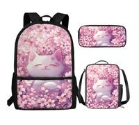 UOIMAG Juego de mochila para niños con estuche para lápices, bonitas bolsas escolares ligeras, juegos de 3 piezas, Flor de cerezo para gato, Talla única, Juego de mochila escolar