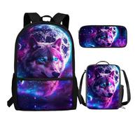 UOIMAG Juego de mochila para niños con estuche para lápices, bonitas bolsas escolares ligeras, juegos de 3 piezas, Wolf Planet Galaxy, Talla única, Juego de mochila escolar
