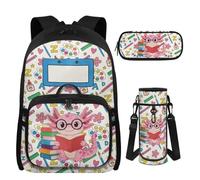 UOIMAG Juego de mochila y lonchera para niña de 8 a 10 años, bonito juego de 4 piezas con estuche para lápices y soporte para botella de agua, Axolotl - Lápiz de lectura, M, Casual
