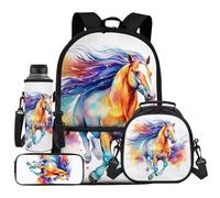 UOIMAG Juego de mochila y lonchera para niños, 4 piezas, con soporte para botella de agua, estuche para lápices, Caballo colorido, Talla única, Juego de mochila escolar