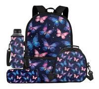 UOIMAG Juego de mochila y lonchera para niños, 4 piezas, con soporte para botella de agua, estuche para lápices, Galaxia de mariposas, Talla única, Juego de mochila escolar