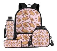 UOIMAG Juego de mochila y lonchera para niños, bolsa escolar y bolsa de almuerzo, bonito estuche para lápices, soporte para botella de agua, 4 piezas, Patrón de fresa Capybara, Talla única, Juego de