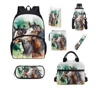 UOIMAG Juego de mochila y lonchera para niños y niñas, 7 unidades, Caballos verdes, Talla única, Juego de mochila escolar