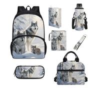 UOIMAG Juego de mochila y lonchera para niños y niñas, 7 unidades, Familia de lobos, Talla única, Juego de mochila escolar