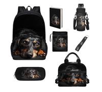 UOIMAG Juego de mochila y lonchera para niños y niñas, 7 unidades, Perro salchicha negro, Talla única, Juego de mochila escolar