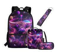 UOIMAG Juego de mochilas escolares y bolsa de almuerzo con estuche para lápices, llavero, 4 bolsas escolares para niños, Highland Cow Planets Galaxy, Talla única, Juego de mochila escolar