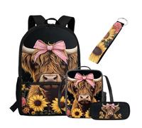 UOIMAG Juego de mochilas escolares y bolsa de almuerzo con estuche para lápices, llavero, 4 bolsas escolares para niños, Girasol de vaca montañosa, Talla única, Juego de mochila escolar