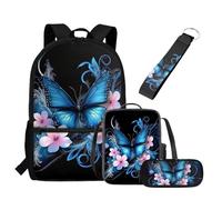 UOIMAG Juego de mochilas escolares y bolsa de almuerzo con estuche para lápices, llavero, 4 bolsas escolares para niños, Flores de mariposa, Talla única, Juego de mochila escolar