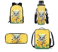 UOIMAG Juegos de mochilas escolares para niños y niñas, mochila con bolsa de almuerzo, estuche para lápices, soporte para botellas de agua, bolsas para niños, Elefante, mariposa, girasol, Talla única,
