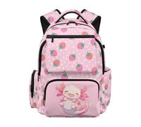 UOIMAG Linda mochila de ajolote para niños, mochila escolar con bolsillos laterales para bebidas, mochila para adolescentes, Axolotl Strawberry Polka Dots, M, Casual