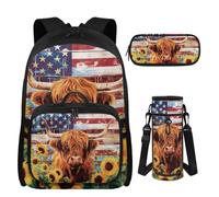 UOIMAG Mochila con lonchera para niñas de 10 a 12 años, juego de mochila con lonchera y estuche para botella de agua, 4 piezas, Highland Cow USA Flag Girasol, M, Casual