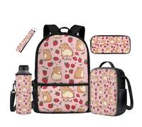 UOIMAG Mochila escolar para niños, bolsa escolar y fiambrera, juego de 5 piezas con soporte para botella de agua, Capybara Fresa, Talla única, Juego de mochila escolar
