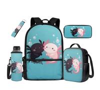 UOIMAG Mochila escolar para niños, bolsa escolar y fiambrera, juego de 5 piezas con soporte para botella de agua, Axolotl Bubble, Talla única, Juego de mochila escolar