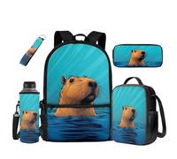 UOIMAG Mochila escolar para niños, bolsa escolar y fiambrera, juego de 5 piezas con soporte para botella de agua, Capybara Water Print, Talla única, Juego de mochila escolar