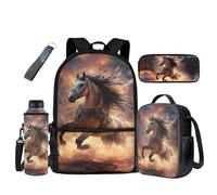 UOIMAG Mochila escolar para niños, bolsa escolar y fiambrera, juego de 5 piezas con soporte para botella de agua, Caballo marrón, Talla única, Juego de mochila escolar