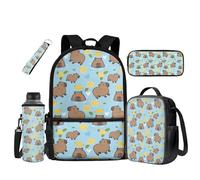 UOIMAG Mochila escolar para niños, bolsa escolar y fiambrera, juego de 5 piezas con soporte para botella de agua, Patrón de limón Capybara, Talla única, Juego de mochila escolar