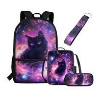 UOIMAG Mochila escolar y lonchera para niños, 4 piezas, mochila ligera con estuche y llavero, Black Cat Galaxy, Talla única, Juego de mochila escolar