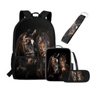 UOIMAG Mochila escolar y lonchera para niños, 4 piezas, mochila ligera con estuche y llavero, Caballos marrones, Talla única, Juego de mochila escolar
