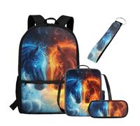 UOIMAG Mochila escolar y lonchera para niños, 4 piezas, mochila ligera con estuche y llavero, Horse Fire, Talla única, Juego de mochila escolar